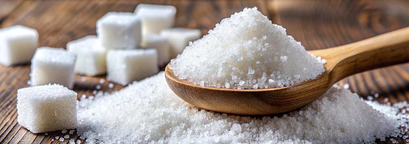 Wooden spoon with sugar granules, sweetener, full spoon of sugar, and square sugar cubes nearby